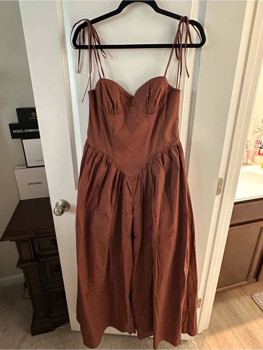 Fashion Nova Rust Strapless Tie-Shoulder Jumpsuit